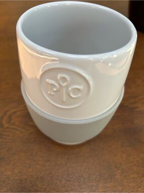 Pampered Chef White Ceramic Cup w/Embossed 'P|C' Logo, Gray Silicone Grip sleeve